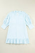Myosotis Seersucker Ruffled Puff Sleeve Stand Neck Mini Dress